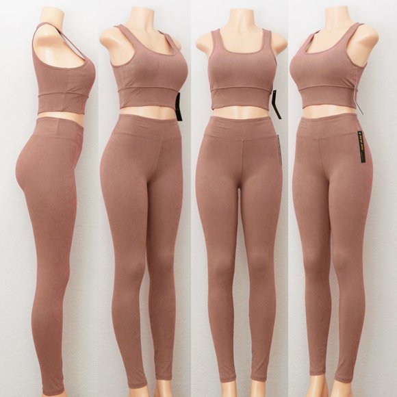 NEW Mocha Active Bra Crop Top + Leggings 2pc Set - Picture 8 of 10